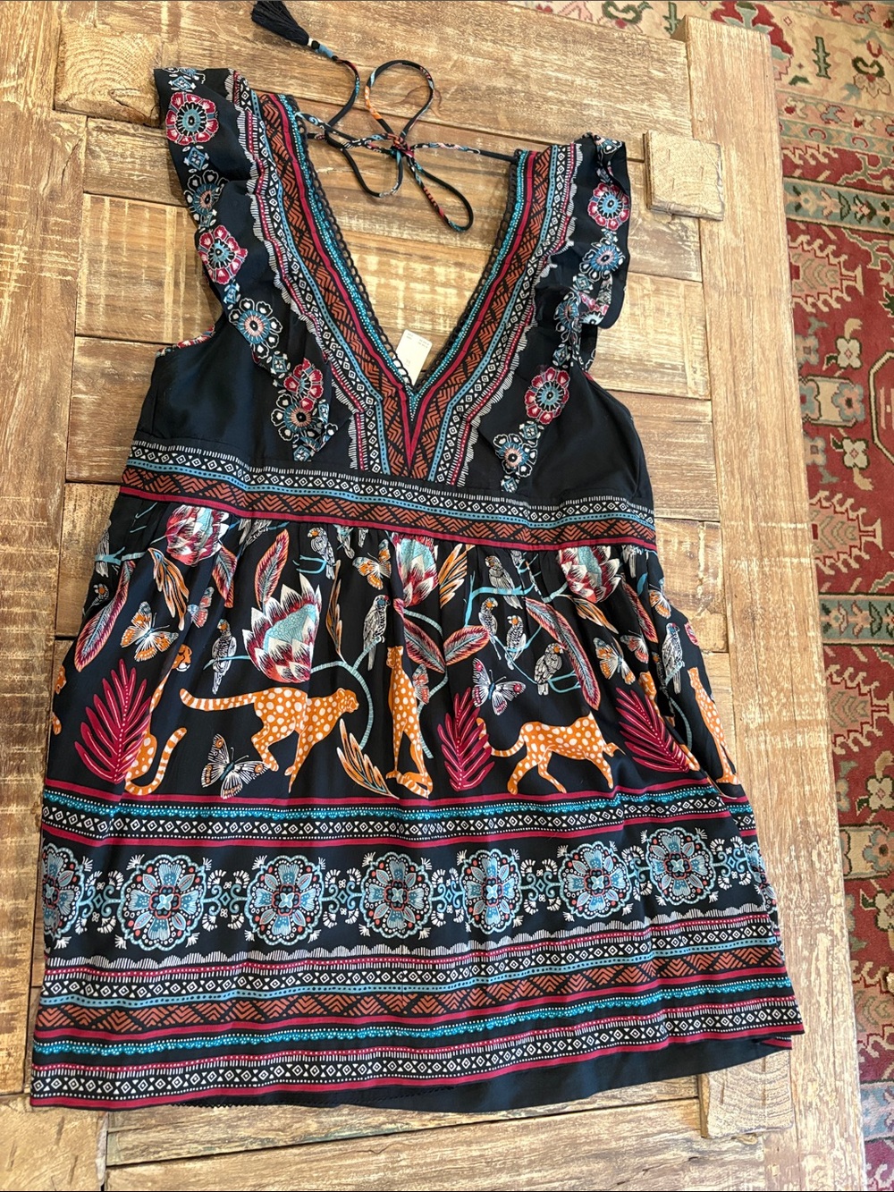 Anthropologie NWT XL Animal Print Boho Mini Dress Pockets Cheetah Birds Tassel - Picture 8 of 12